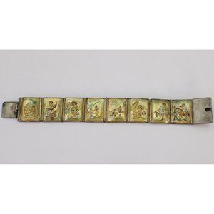 Silver Tone Mother of Pearl Hand Painted Lacquered Panel Story Siam Bracelet